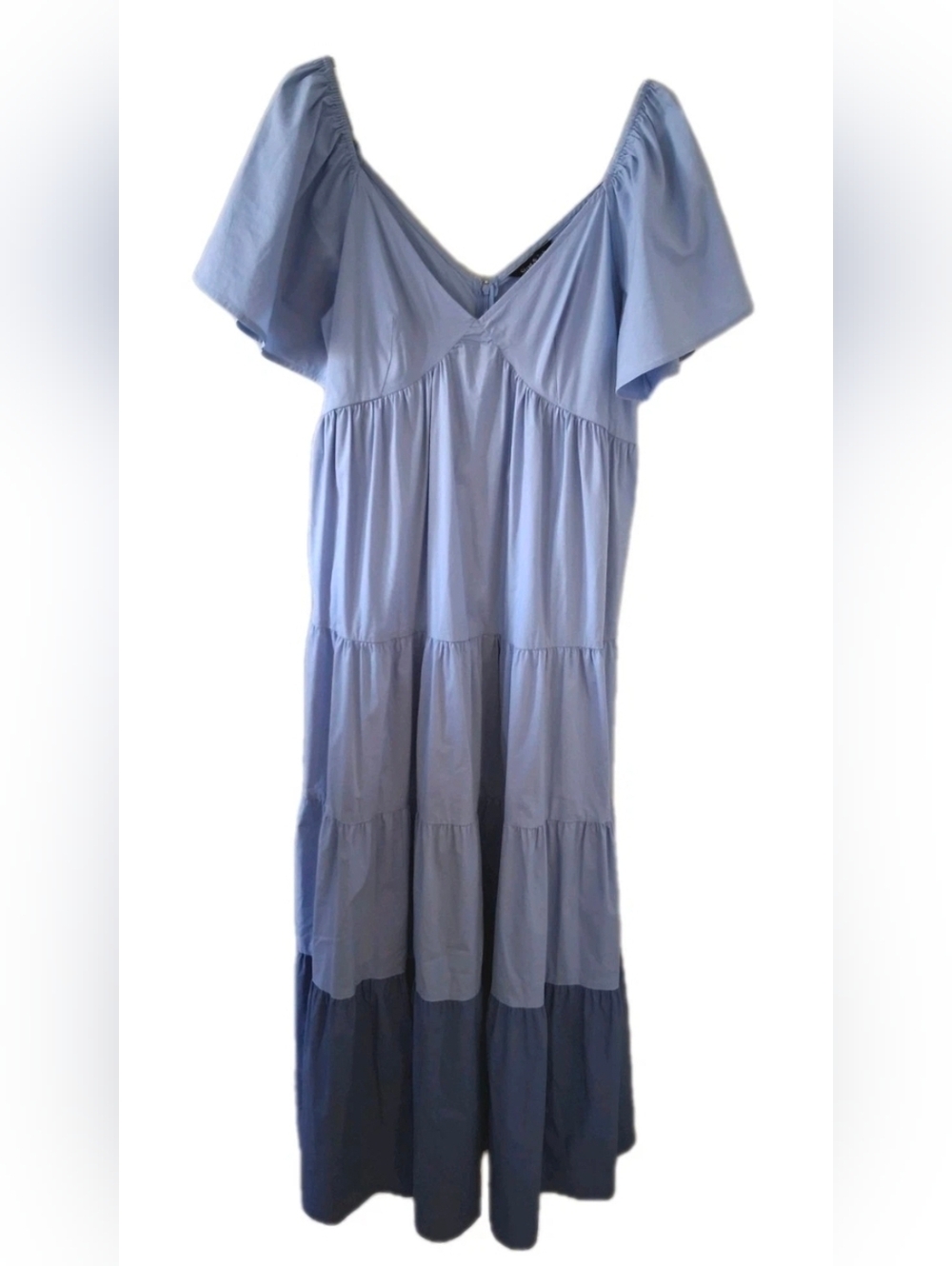 Strut & Bolt Dress Blue Tiered Prairie Style Vneck, Zipper, Short Sleeve Sz Lg